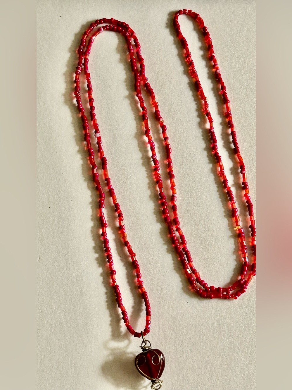 Vintage Necklace Ruby Red Glass heart pendant on red Seed & Tube Beads double it